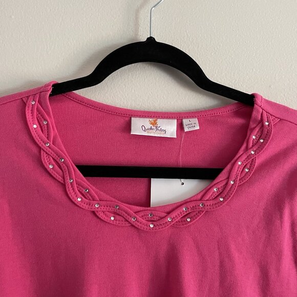 Quacker Factory Women L Pink Rhinestone Braided Sparkle 3/4 Sleeves T-Shirt NWT - Picture 6 of 11